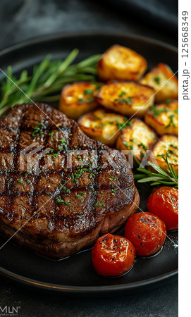 Grilled steak with herbs, tomatoes, and roasted potatoes - a delicious gourmet dinner meal 125668349