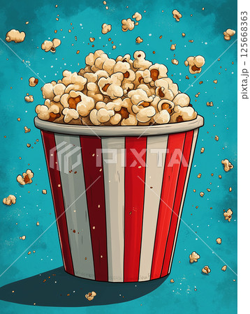 Crunchy popcorn in a striped bucket, perfect buttery snack for cinema or home movie nights Crunchy popcorn in a striped bucket, perfect buttery snack for cinema or home movie nights 125668363