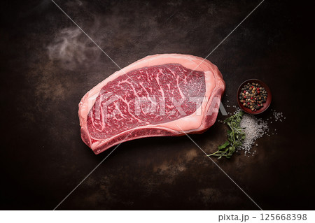 Delicious raw beef steak with marbling for gourmet cooking in the kitchen Delicious raw beef steak with marbling for gourmet cooking in the kitchen 125668398