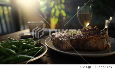A delicious grilled steak gourmet meal on a plate, showcasing succulent meat for dinner 125668425