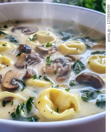 Delicious creamy tortellini mushroom soup with spinach in a steaming bowl, garnished with parsley 125668480