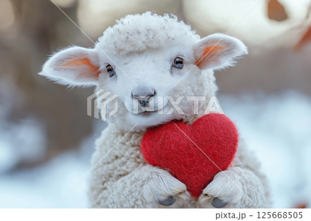 Adorable lamb with heart in snowy setting, featuring wool, sheep, and cute expressions 125668505