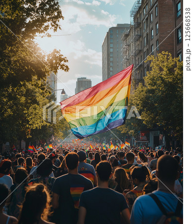 Pride parade with rainbow flag in a vibrant LGBTQ celebration with crowd in urban setting Pride parade with rainbow flag in a vibrant LGBTQ celebration with crowd in urban setting 125668538