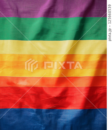 Rainbow colorful pride flag with vibrant spectrum stripes and fabric texture 125668539
