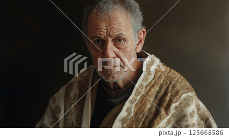 Captivating elderly man portrait with an expressive gaze in detailed painting featuring robes 125668586