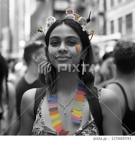 Festival celebration with street fashion and vibrant city colors in a joyful parade atmosphere Festival celebration with street fashion and vibrant city colors in a joyful parade atmosphere 125668591