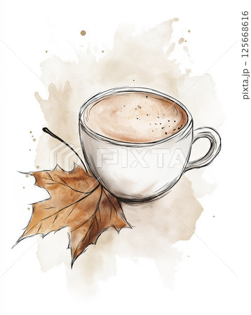 Autumn coffee beverage in a latte cup with an artistic leaf sketch illustration 125668616