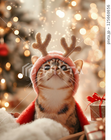 Cute tabby kitten in festive hat with antlers enjoying Christmas lights and cozy atmosphere Cute tabby kitten in festive hat with antlers enjoying Christmas lights and cozy atmosphere 125668656