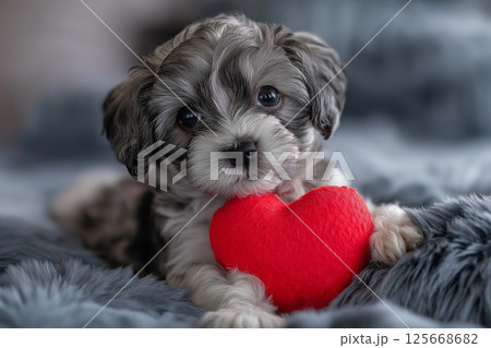 Havanese puppy with heart, a cute and fluffy dog, adorable pet photo for animal lovers 125668682