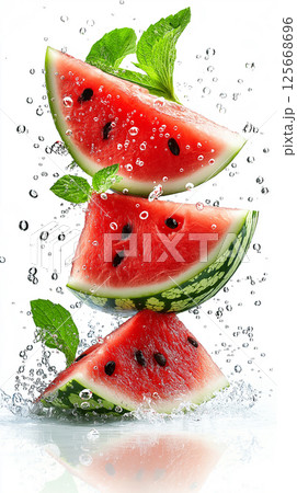 Refreshing watermelon splash with mint, juicy fruit and vibrant bubbles, perfect for summer 125668696