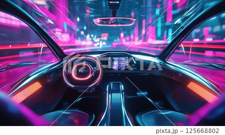 ネオン街を走行する未来車の車内視点 125668802