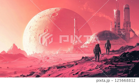 赤い惑星に広がる月面基地と宇宙飛行士たち 125668812