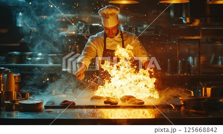 鉄板焼きシェフが炎を操るダイナミックな瞬間 鉄板焼きシェフが炎を操るダイナミックな瞬間 125668842