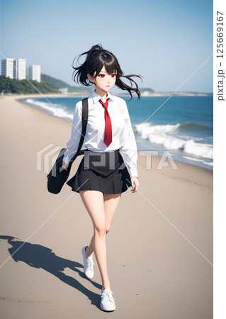 海岸線を歩く女子高生 125669167