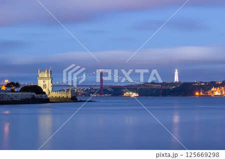 Belem Tower, 25th of April Bridge and Cristo Rei Monument. Lisbon, Portugal 125669298