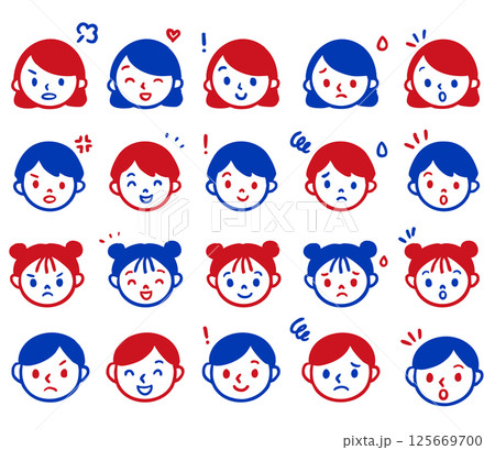 若い女性と男性 子供の表情セットいろいろな親子の顔　赤青 125669700