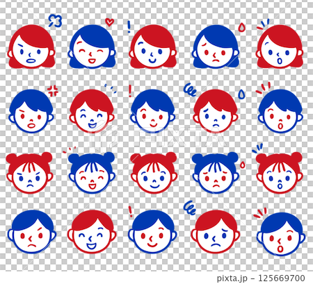 若い女性と男性 子供の表情セットいろいろな親子の顔　赤青 125669700
