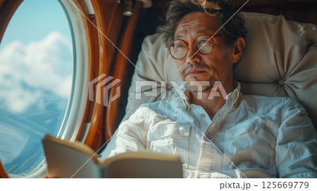 飛行機の中で読書する中高年のアジア人男性(旅行・出張・グローバル) 125669779
