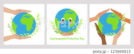 World Environment Day poster set Earth day. Green nature, Eco organic ecology. Design web page presentation postcard brochure, flyer template. Vector illustration. 125669813