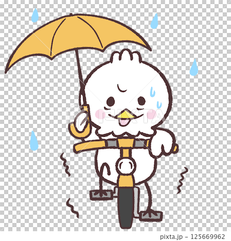 Illustration of a white bird riding a bicycle with an umbrella on a rainy day 125669962