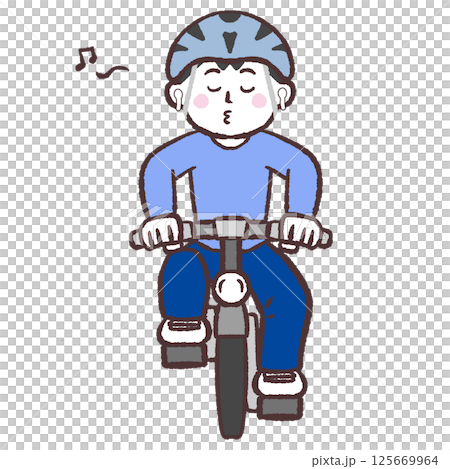 Front view illustration of a man riding a bicycle while wearing earphones 125669964