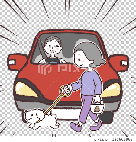 シニア女性とぶつかりそうな車のイラスト 125669965