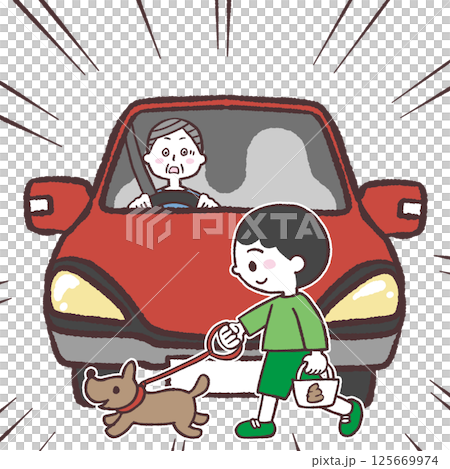 男の子とぶつかりそうな自動車のイラスト 125669974