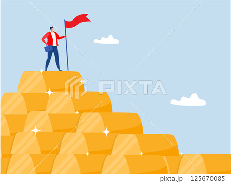 Gold investment concept, businessman success wealth manager, trader or rich investor sitting on stack of gold bar bullion,wealth management and asset allocation concept vector 125670085