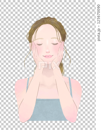 目を閉じてスキンケアをする女性の美容イメージイラスト 125670090