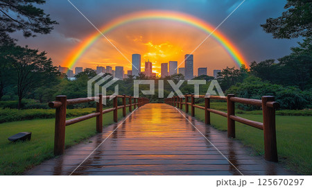 高層ビルと虹 125670297