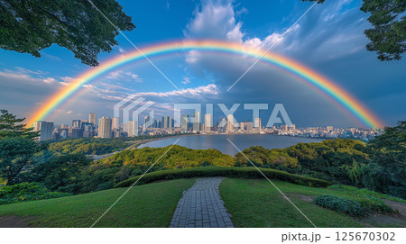 高層ビルと虹 125670302