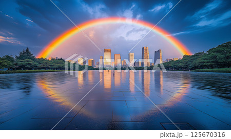 高層ビルと虹 125670316