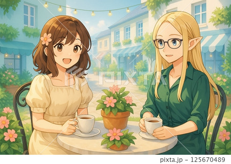 異世界の街角カフェテラスで少女とエルフがゆったり会話を楽しむ癒しの日常ファンタジーイラスト 異世界の街角カフェテラスで少女とエルフがゆったり会話を楽しむ癒しの日常ファンタジーイラスト 125670489