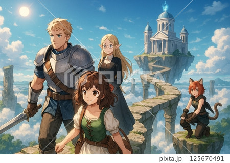 浮遊島の神殿を目指して仲間と旅立つ冒険パーティーのファンタジーイラスト 125670491