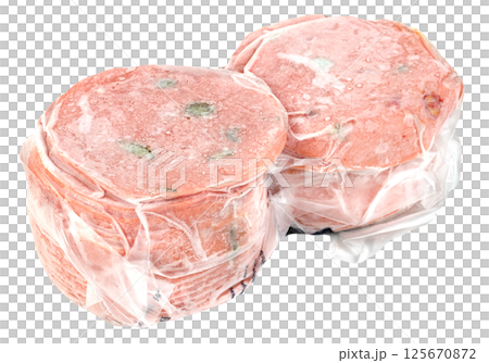 closeup frozen sausage bologna in plastic bag with ice crystals isolated. closeup frozen sausage bologna in plastic bag with ice crystals isolated. 125670872