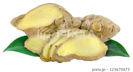 raw fresh ginger root and leaves isolated. 125670873