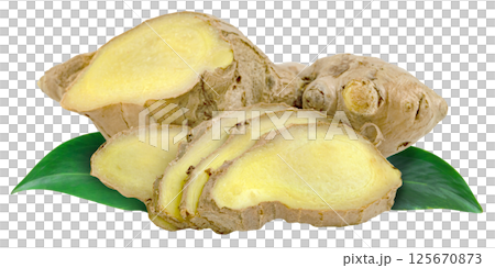 raw fresh ginger root and leaves isolated. raw fresh ginger root and leaves isolated. 125670873