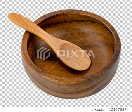 Wooden bowl with spoon isolated. Wooden bowl with spoon isolated. 125670874