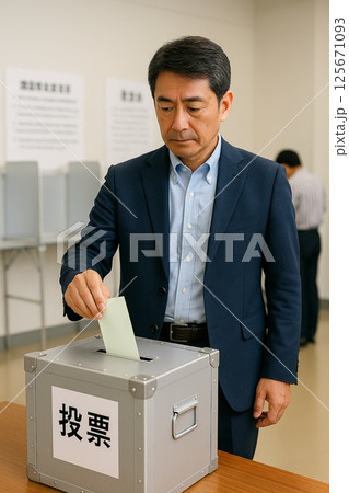 選挙で投票する日本人中年男性 125671093
