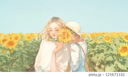 向日葵と女性 125671182