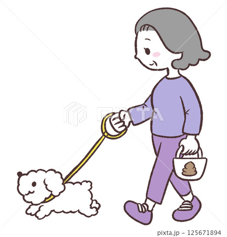 犬の散歩するシニア女性イラスト 犬の散歩するシニア女性イラスト 125671894