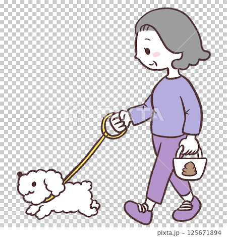 犬の散歩するシニア女性イラスト 犬の散歩するシニア女性イラスト 125671894