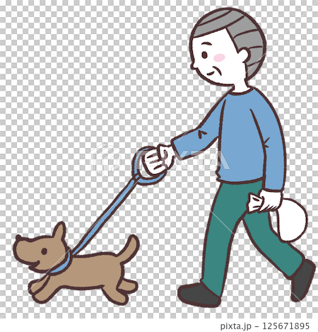 一位老人遛狗的插圖 125671895