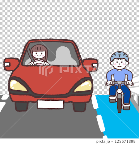 一位女司機在自行車旁行駛的插圖 125671899