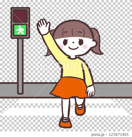 一個女孩舉手過馬路的插圖 125671905