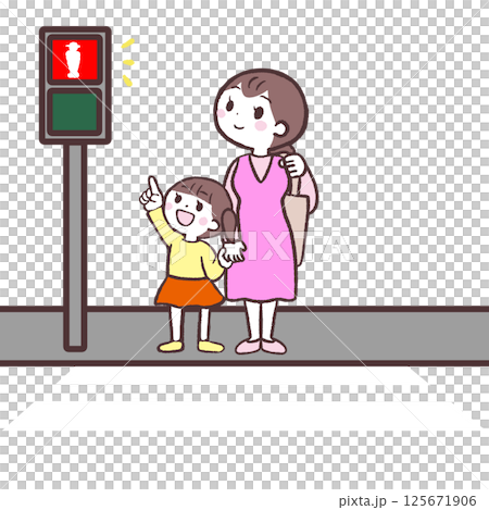 Illustration of a mother and a girl waiting for a traffic light 125671906