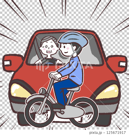 Illustration of an elderly driver who is likely to have an accident with a bicycle 125671917