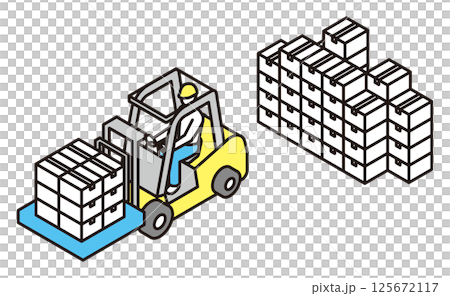 Simple illustration Vector illustration of a worker carrying cardboard boxes with a forklift 125672117