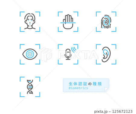 シンプル　イラスト　いろいろな生体認証の種類のアイコンセットのベクターイラスト 125672123