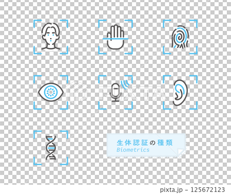 シンプル　イラスト　いろいろな生体認証の種類のアイコンセットのベクターイラスト 125672123